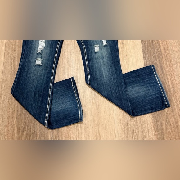 Almost Famous Women's Dark Blue Distressed Boot Cut Jeans size 11 - Picture 3 of 5